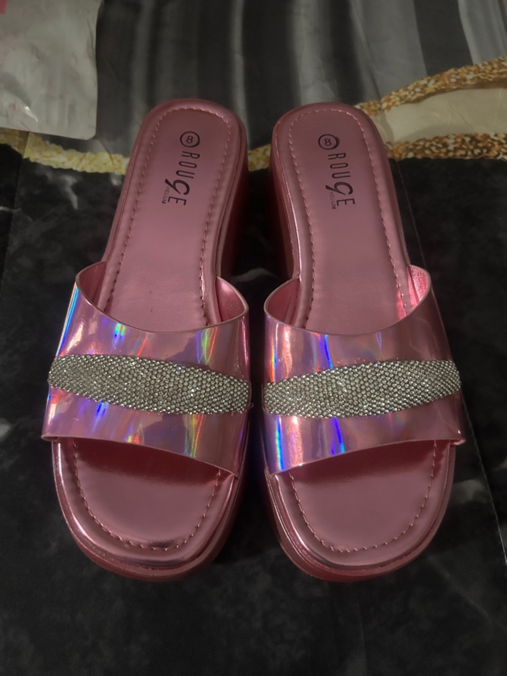 RouGe Pink Holographic Slide Sandals with Crystal Accent